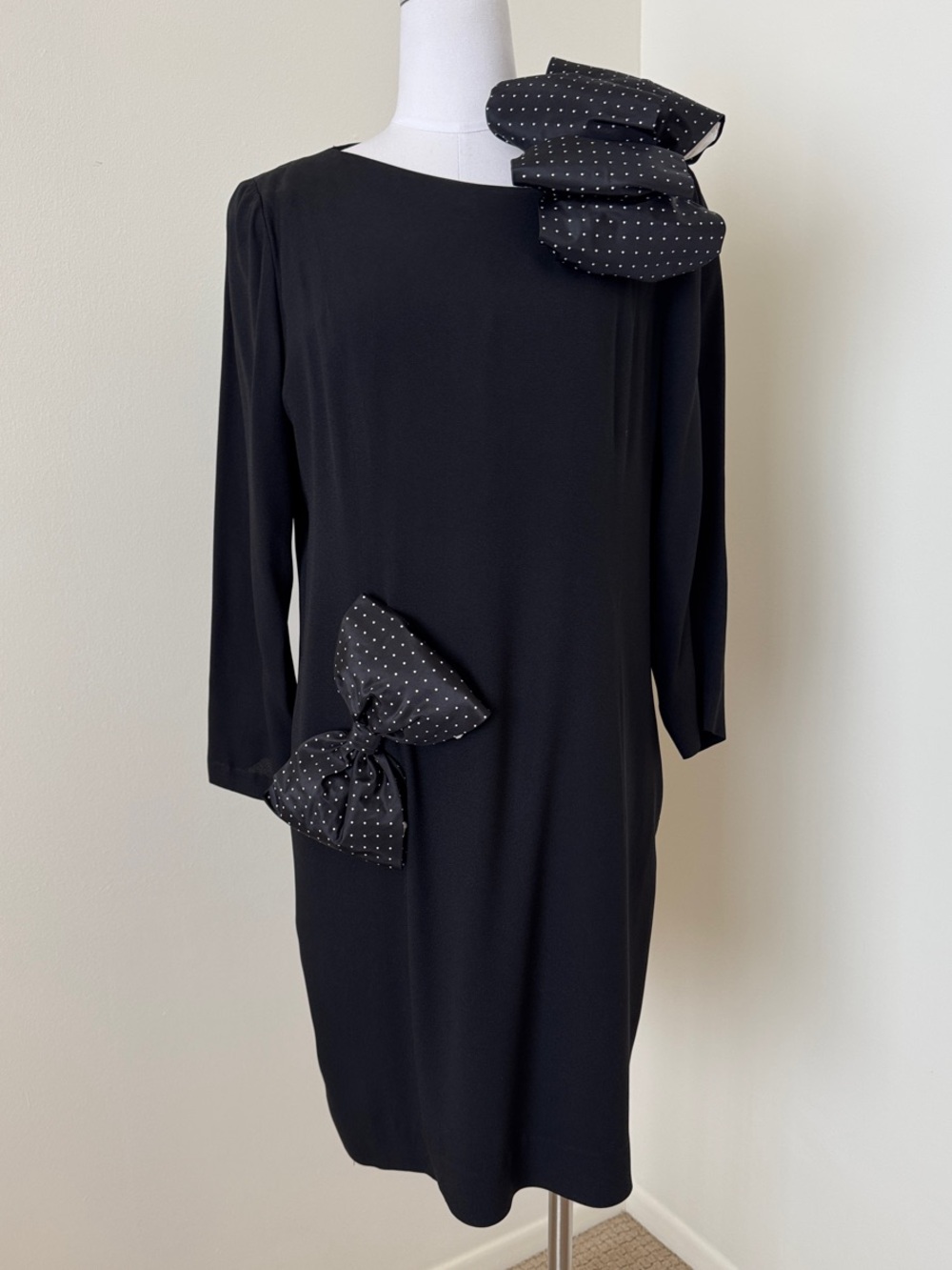 Vintage Akris Black Shift Dress Polka Dot Bow Accents Swiss Made Sz US 10